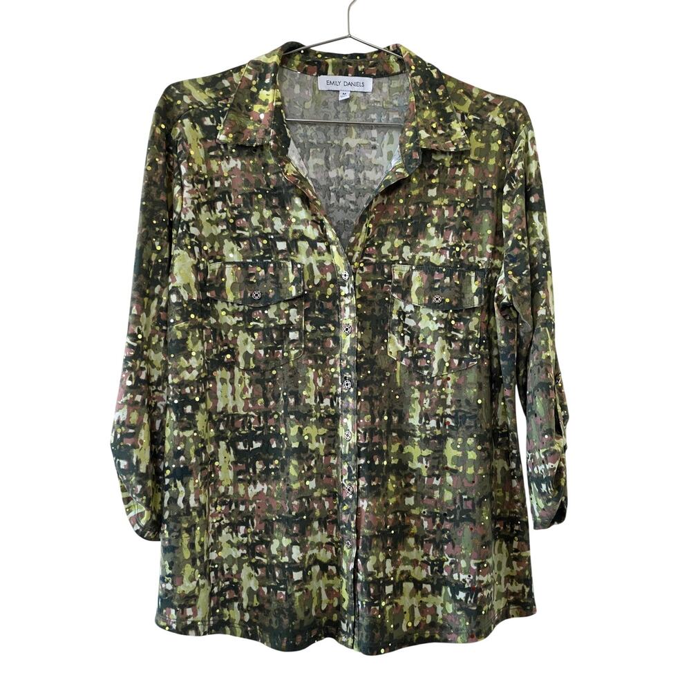 Emily Daniels Abstract Print Button Front Blouse Womens Size M Gold Foil